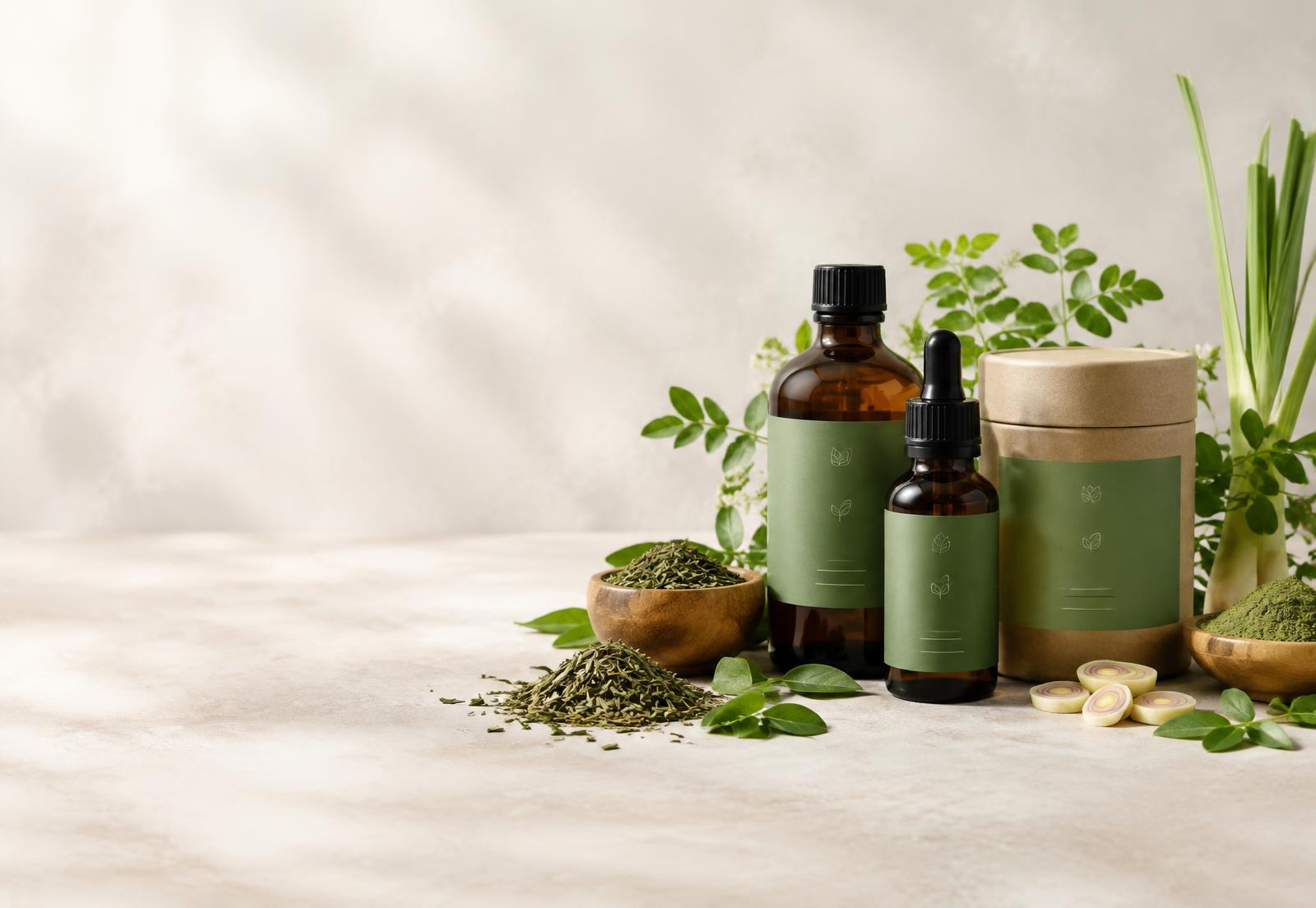 Herbal wellness products with fresh leaves and botanicals